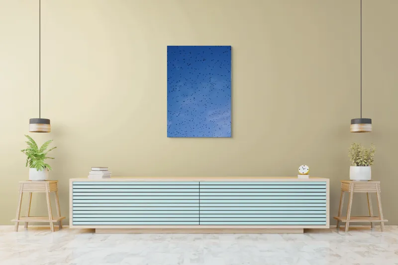 Tablou Canvas, "Dansul graurilor pe cerul albastru", Păsări, Zbor, Cer, Albastru, Mulțime, Vedere, Întindere, 70 x 100 cm – poza 5