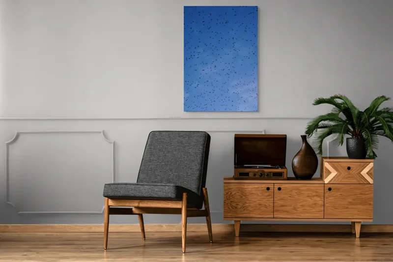 Tablou Canvas, "Dansul graurilor pe cerul albastru", Păsări, Zbor, Cer, Albastru, Mulțime, Vedere, Întindere, 70 x 100 cm – poza 6