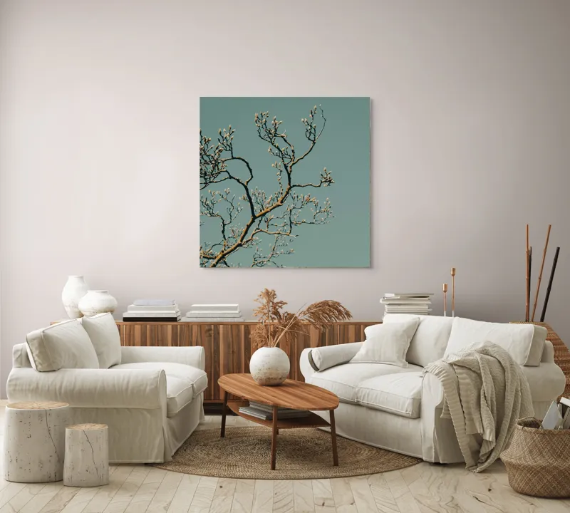 Tablou Canvas, "Bobocii primăverii sub cer senin", Ramuri, Muguri, Cer, Albastru, Natură, Primăvară, Frumusețe, Liniște, 100 x 100 cm – poza 3