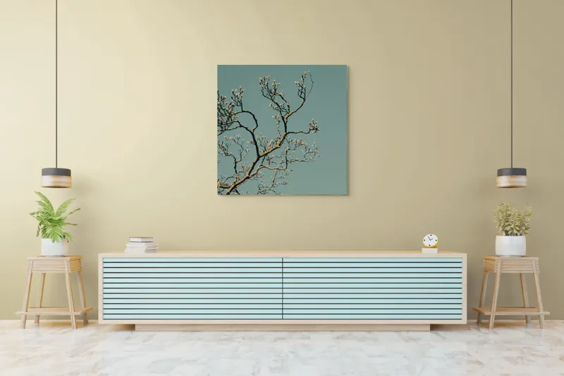 Tablou Canvas, "Bobocii primăverii sub cer senin", Ramuri, Muguri, Cer, Albastru, Natură, Primăvară, Frumusețe, Liniște, 100 x 100 cm – poza 5