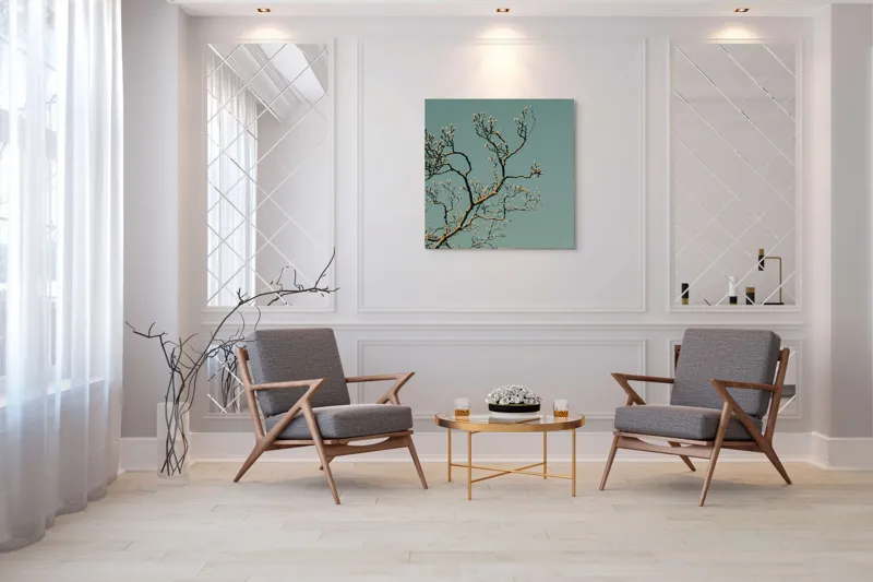 Tablou Canvas, "Bobocii primăverii sub cer senin", Ramuri, Muguri, Cer, Albastru, Natură, Primăvară, Frumusețe, Liniște, 100 x 100 cm – poza 7