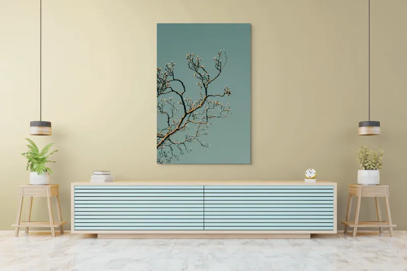 Tablou Canvas, "Bobocii primăverii sub cer senin", Ramuri, Muguri, Cer, Albastru, Natură, Primăvară, Frumusețe, Liniște, 100 x 150 cm – poza 4