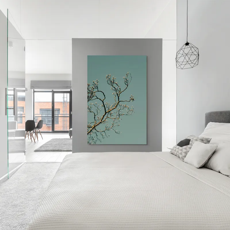 Tablou Canvas, "Bobocii primăverii sub cer senin", Ramuri, Muguri, Cer, Albastru, Natură, Primăvară, Frumusețe, Liniște, 100 x 150 cm – poza 5