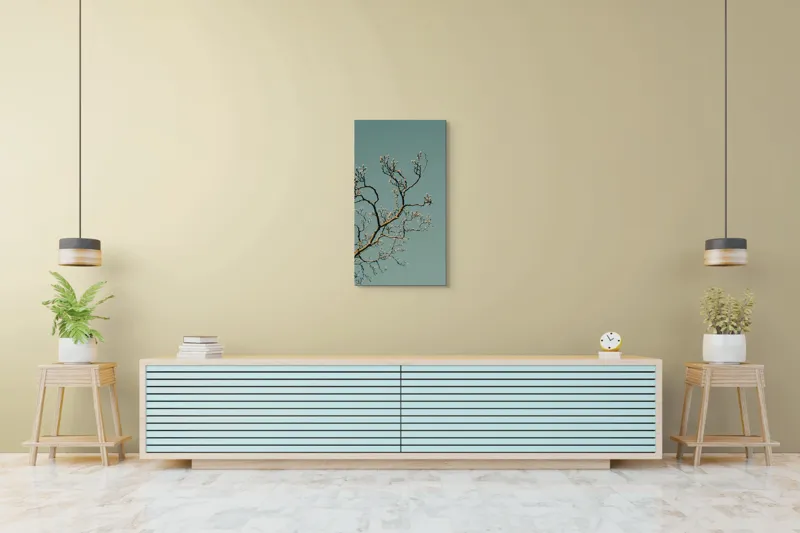 Tablou Canvas, "Bobocii primăverii sub cer senin", Ramuri, Muguri, Cer, Albastru, Natură, Primăvară, Frumusețe, Liniște, 50 x 90 cm – poza 6