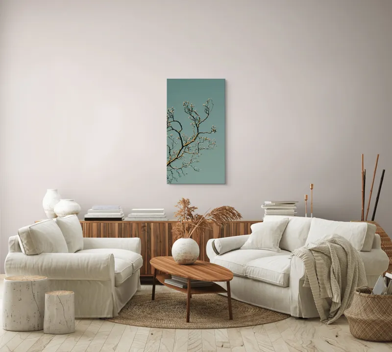Tablou Canvas, "Bobocii primăverii sub cer senin", Ramuri, Muguri, Cer, Albastru, Natură, Primăvară, Frumusețe, Liniște, 50 x 90 cm – poza 7