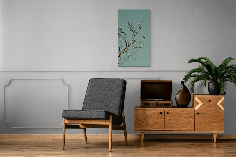 Tablou Canvas, "Bobocii primăverii sub cer senin", Ramuri, Muguri, Cer, Albastru, Natură, Primăvară, Frumusețe, Liniște, 50 x 90 cm – poza 8