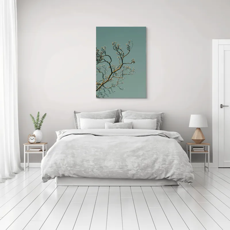 Tablou Canvas, "Bobocii primăverii sub cer senin", Ramuri, Muguri, Cer, Albastru, Natură, Primăvară, Frumusețe, Liniște, 70 x 100 cm – poza 3