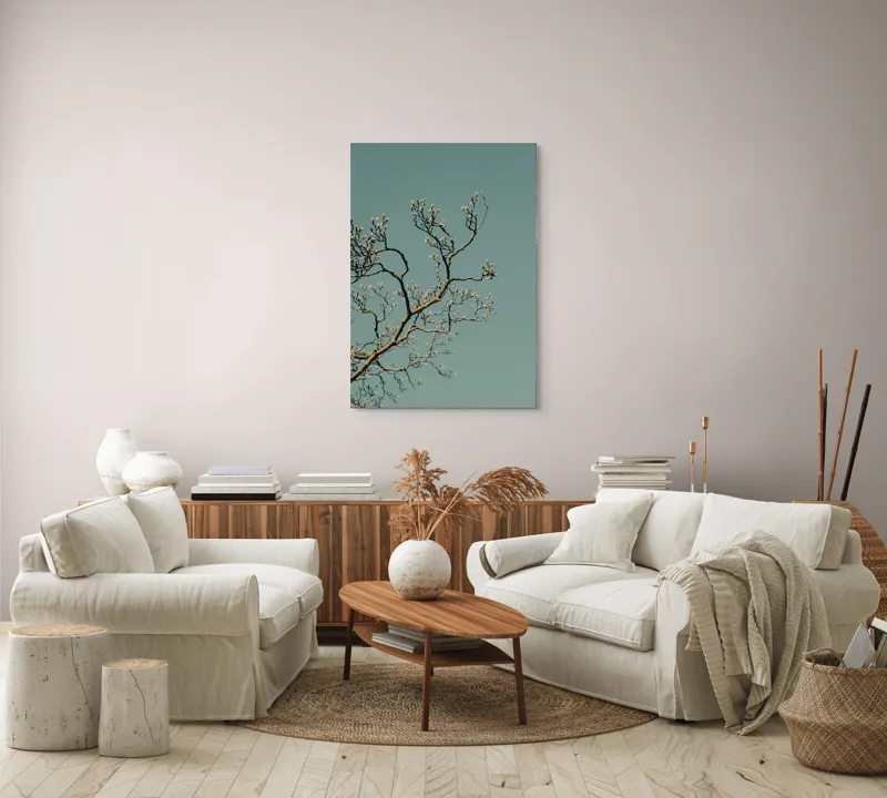 Tablou Canvas, "Bobocii primăverii sub cer senin", Ramuri, Muguri, Cer, Albastru, Natură, Primăvară, Frumusețe, Liniște, 70 x 100 cm – poza 4