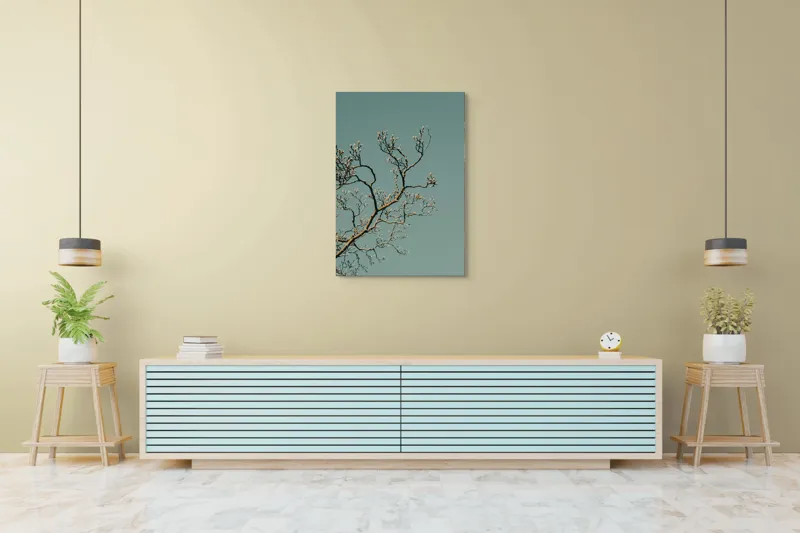 Tablou Canvas, "Bobocii primăverii sub cer senin", Ramuri, Muguri, Cer, Albastru, Natură, Primăvară, Frumusețe, Liniște, 70 x 100 cm – poza 5