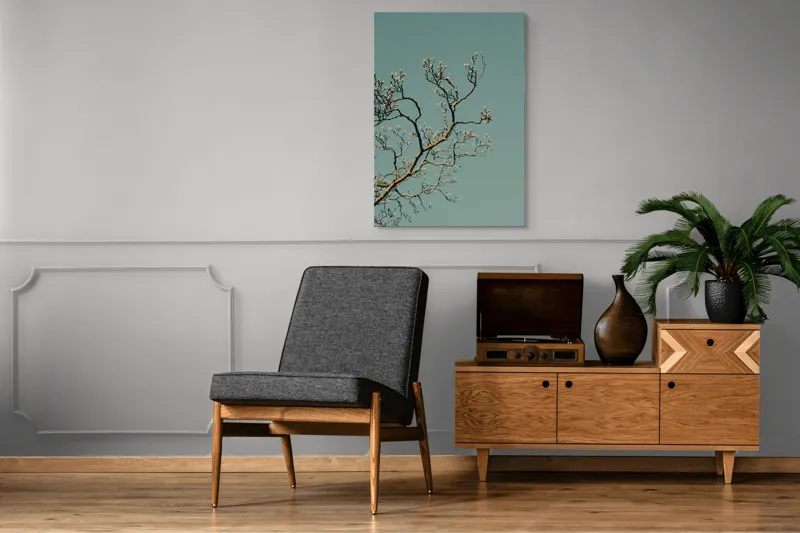 Tablou Canvas, "Bobocii primăverii sub cer senin", Ramuri, Muguri, Cer, Albastru, Natură, Primăvară, Frumusețe, Liniște, 70 x 100 cm – poza 6