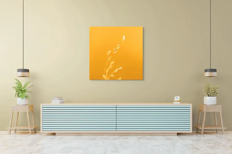 Tablou Canvas, "Răsăritul cald în fire de iarbă", Auriu, Delicat, Simplu, Strălucitor, Încântător, Seren, Liniștitor, Elegant, 100 x 100 cm – poza 5
