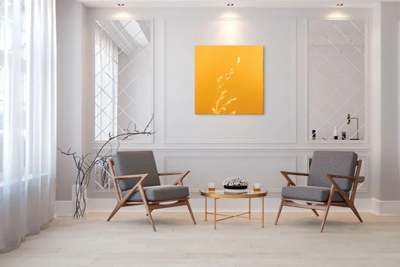 Tablou Canvas, "Răsăritul cald în fire de iarbă", Auriu, Delicat, Simplu, Strălucitor, Încântător, Seren, Liniștitor, Elegant, 100 x 100 cm – poza 7