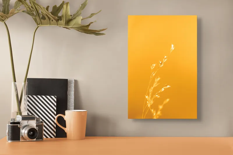 Tablou Canvas, "Răsăritul cald în fire de iarbă", Auriu, Delicat, Simplu, Strălucitor, Încântător, Seren, Liniștitor, Elegant, 26 x 39 cm – poza 3