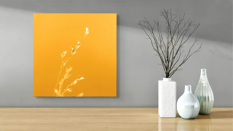 Tablou Canvas, "Răsăritul cald în fire de iarbă", Auriu, Delicat, Simplu, Strălucitor, Încântător, Seren, Liniștitor, Elegant, 50 x 50 cm – poza 3