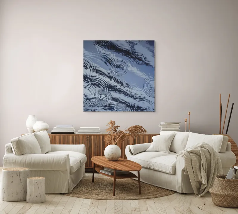 Tablou Canvas, "Picături de ploaie pe apă liniștită", Valuri, Cercuri, Apă, Reflecții, Textură, Plutire, Unde, Liniște, 100 x 100 cm – poza 3