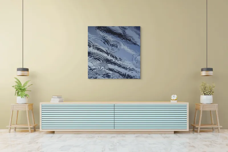 Tablou Canvas, "Picături de ploaie pe apă liniștită", Valuri, Cercuri, Apă, Reflecții, Textură, Plutire, Unde, Liniște, 100 x 100 cm – poza 5