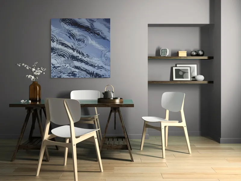 Tablou Canvas, "Picături de ploaie pe apă liniștită", Valuri, Cercuri, Apă, Reflecții, Textură, Plutire, Unde, Liniște, 100 x 100 cm – poza 6