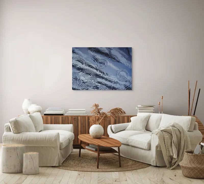 Tablou Canvas, "Picături de ploaie pe apă liniștită", Valuri, Cercuri, Apă, Reflecții, Textură, Plutire, Unde, Liniște, 100 x 70 cm – poza 3