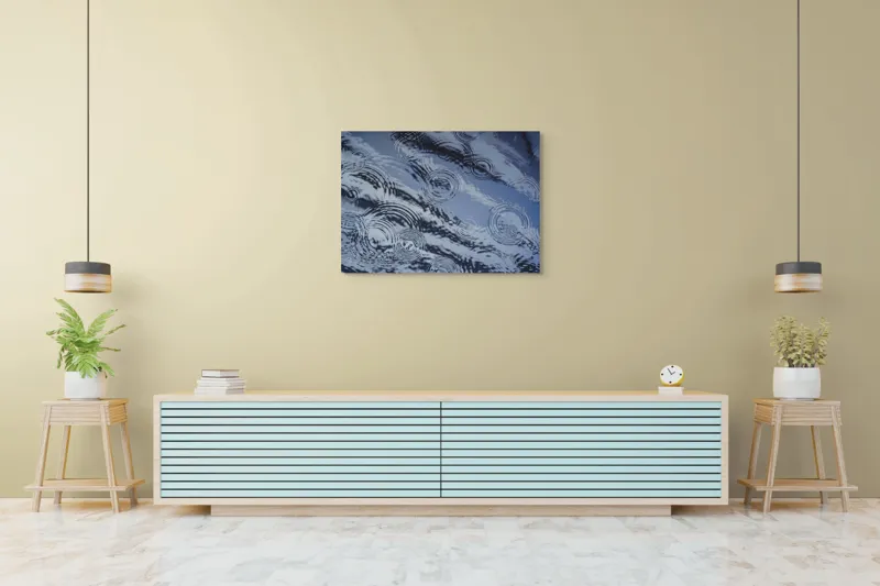 Tablou Canvas, "Picături de ploaie pe apă liniștită", Valuri, Cercuri, Apă, Reflecții, Textură, Plutire, Unde, Liniște, 100 x 70 cm – poza 4