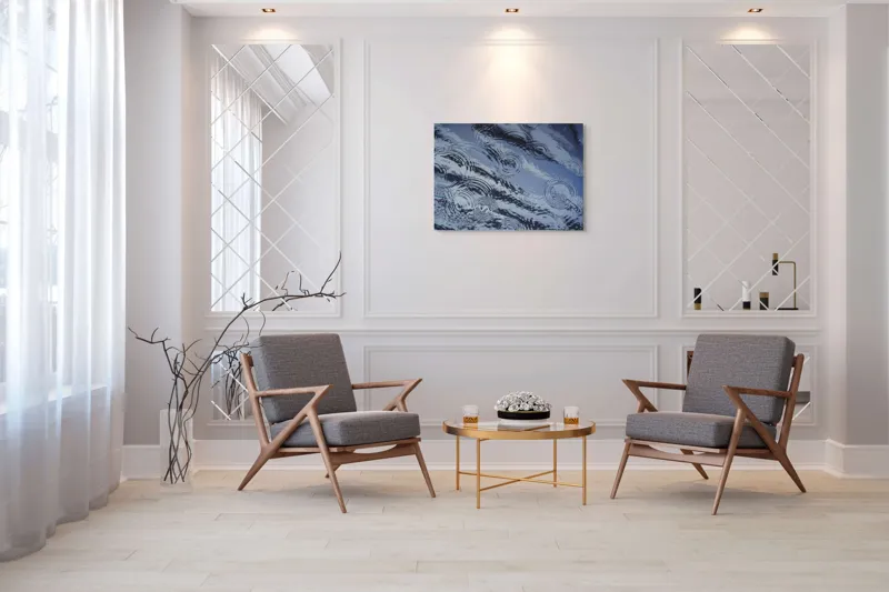 Tablou Canvas, "Picături de ploaie pe apă liniștită", Valuri, Cercuri, Apă, Reflecții, Textură, Plutire, Unde, Liniște, 100 x 70 cm – poza 5