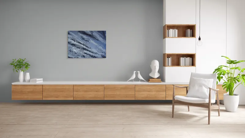 Tablou Canvas, "Picături de ploaie pe apă liniștită", Valuri, Cercuri, Apă, Reflecții, Textură, Plutire, Unde, Liniște, 100 x 70 cm – poza 6