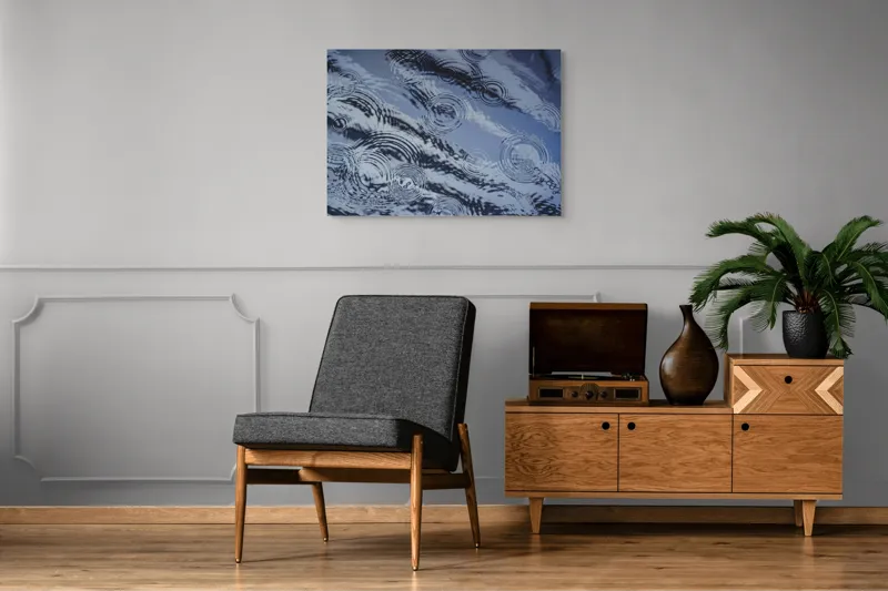 Tablou Canvas, "Picături de ploaie pe apă liniștită", Valuri, Cercuri, Apă, Reflecții, Textură, Plutire, Unde, Liniște, 100 x 70 cm – poza 8