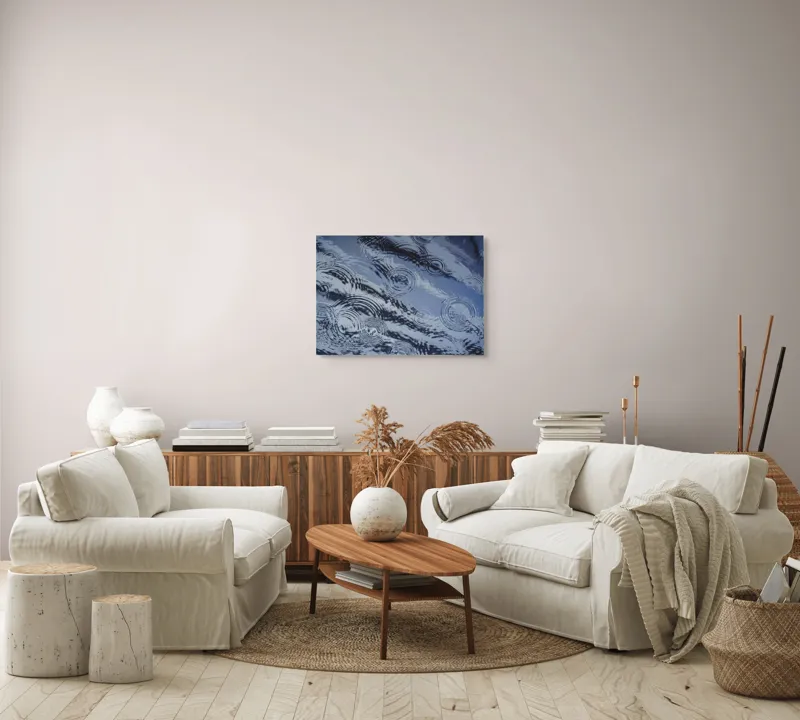 Tablou Canvas, "Picături de ploaie pe apă liniștită", Valuri, Cercuri, Apă, Reflecții, Textură, Plutire, Unde, Liniște, 70 x 50 cm – poza 6