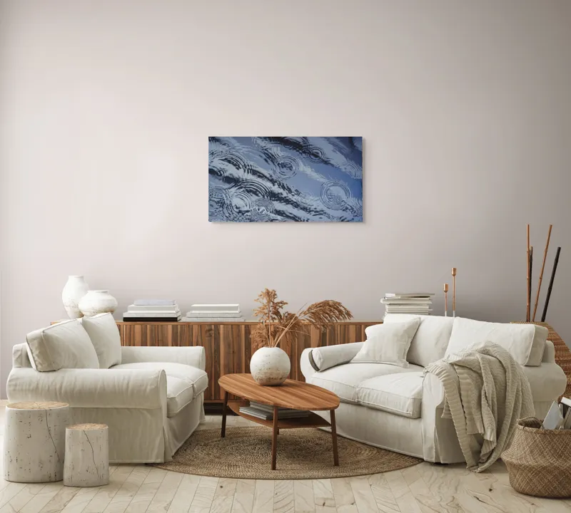 Tablou Canvas, "Picături de ploaie pe apă liniștită", Valuri, Cercuri, Apă, Reflecții, Textură, Plutire, Unde, Liniște, 90 x 50 cm – poza 4