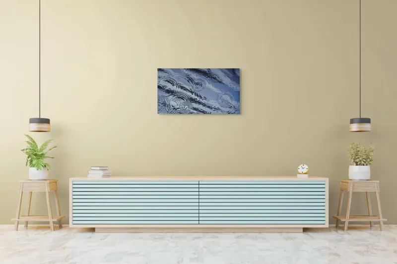 Tablou Canvas, "Picături de ploaie pe apă liniștită", Valuri, Cercuri, Apă, Reflecții, Textură, Plutire, Unde, Liniște, 90 x 50 cm – poza 5