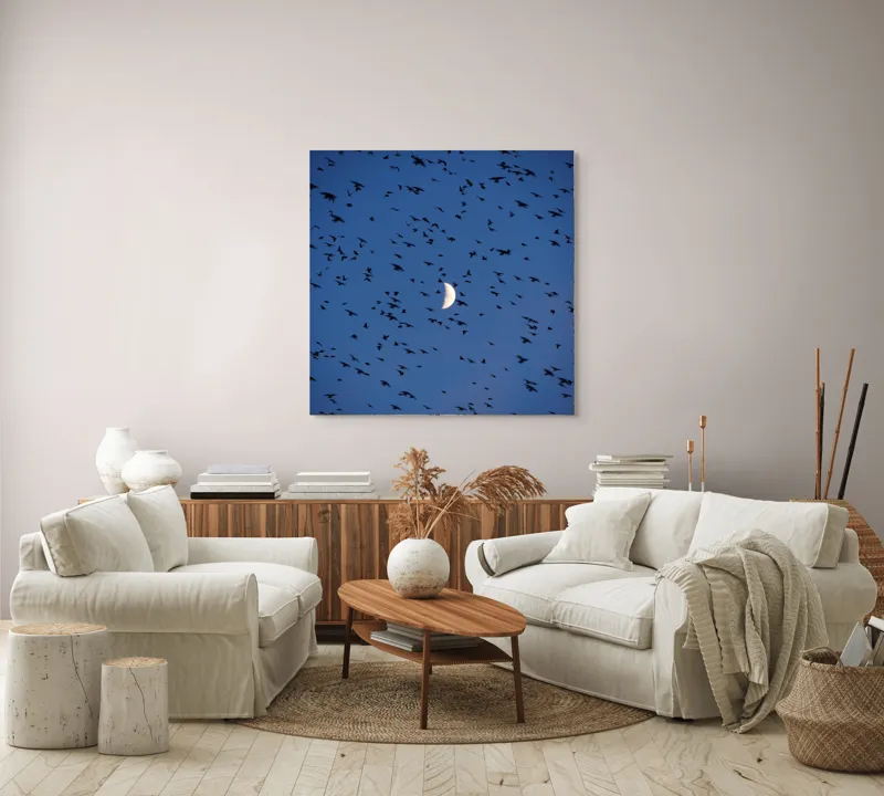 Tablou Canvas, "Dansul păsărilor sub clar de lună", Lună, Păsări, Cer, Zbor, Noapte, 100 x 100 cm – poza 3