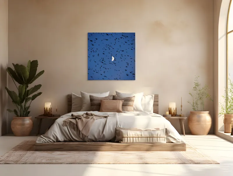 Tablou Canvas, "Dansul păsărilor sub clar de lună", Lună, Păsări, Cer, Zbor, Noapte, 100 x 100 cm – poza 4
