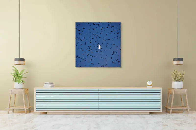 Tablou Canvas, "Dansul păsărilor sub clar de lună", Lună, Păsări, Cer, Zbor, Noapte, 100 x 100 cm – poza 5