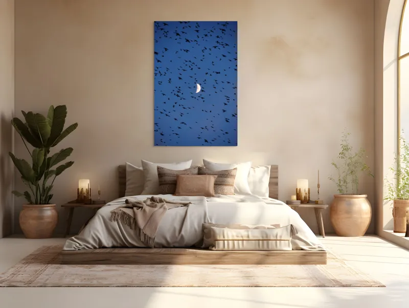 Tablou Canvas, "Dansul păsărilor sub clar de lună", Lună, Păsări, Cer, Zbor, Noapte, 100 x 150 cm – poza 3