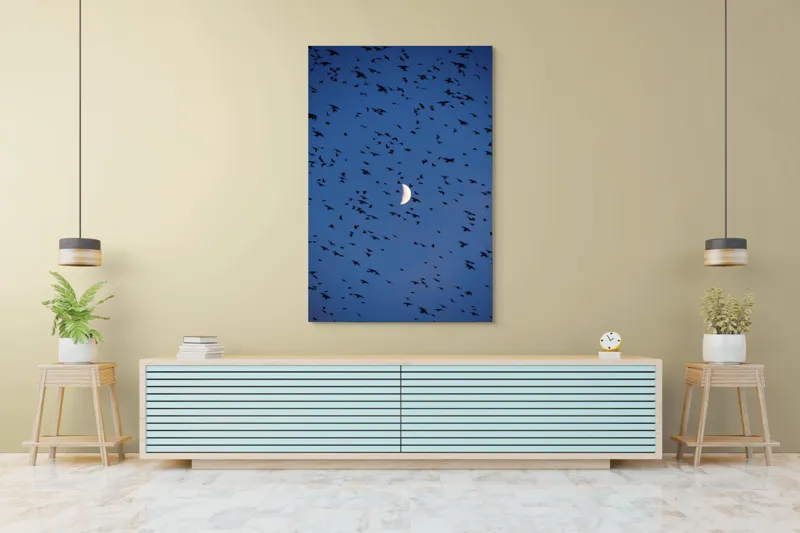 Tablou Canvas, "Dansul păsărilor sub clar de lună", Lună, Păsări, Cer, Zbor, Noapte, 100 x 150 cm – poza 4