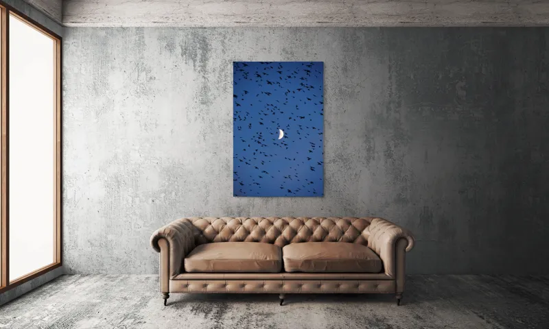 Tablou Canvas, "Dansul păsărilor sub clar de lună", Lună, Păsări, Cer, Zbor, Noapte, 100 x 150 cm – poza 6
