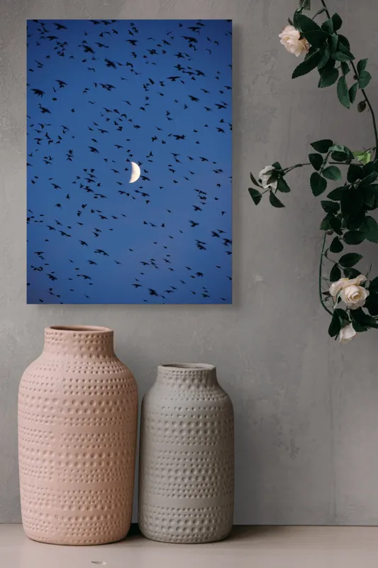 Tablou Canvas, "Dansul păsărilor sub clar de lună", Lună, Păsări, Cer, Zbor, Noapte, 39 x 54 cm – poza 6