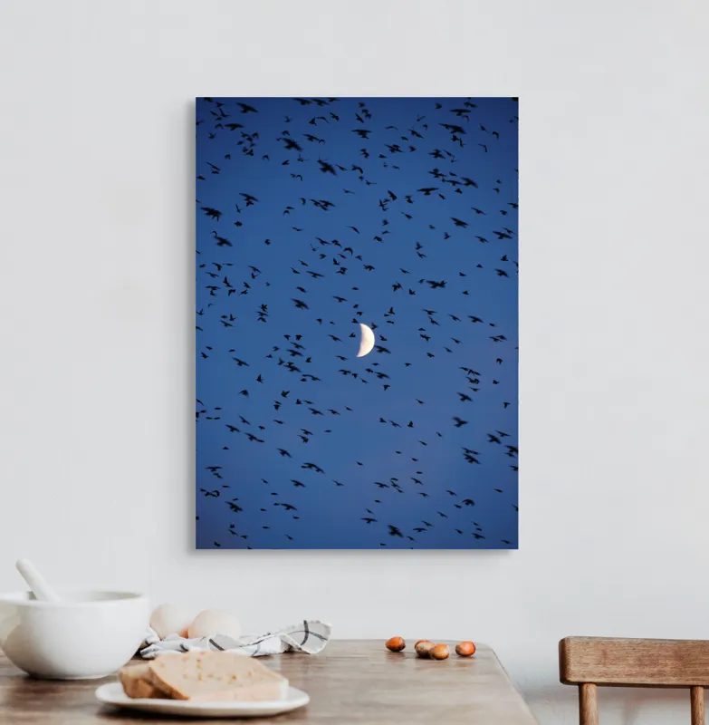 Tablou Canvas, "Dansul păsărilor sub clar de lună", Lună, Păsări, Cer, Zbor, Noapte, 50 x 70 cm – poza 3