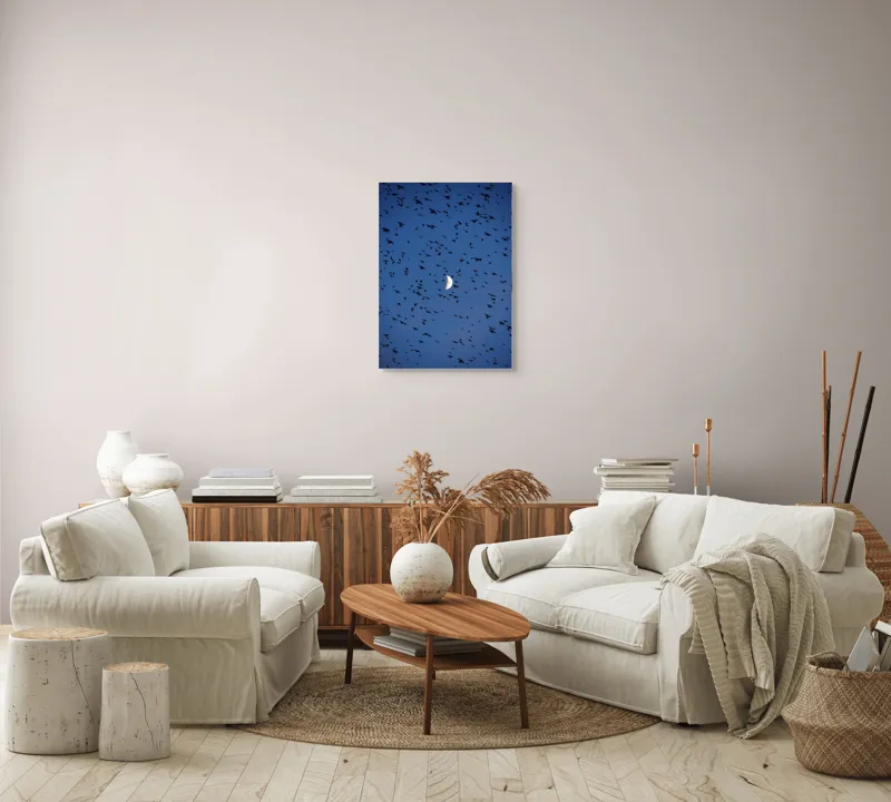 Tablou Canvas, "Dansul păsărilor sub clar de lună", Lună, Păsări, Cer, Zbor, Noapte, 50 x 70 cm – poza 4