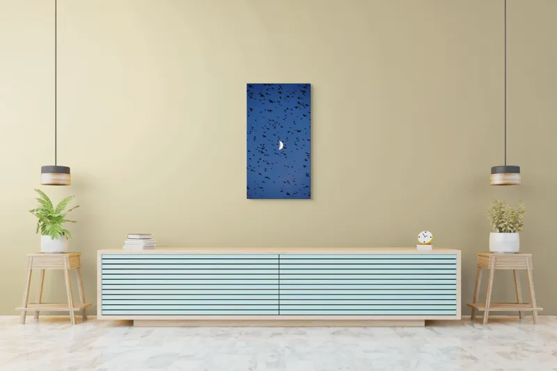 Tablou Canvas, "Dansul păsărilor sub clar de lună", Lună, Păsări, Cer, Zbor, Noapte, 50 x 90 cm – poza 6