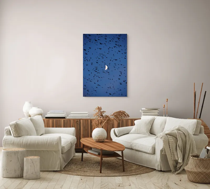 Tablou Canvas, "Dansul păsărilor sub clar de lună", Lună, Păsări, Cer, Zbor, Noapte, 70 x 100 cm – poza 4