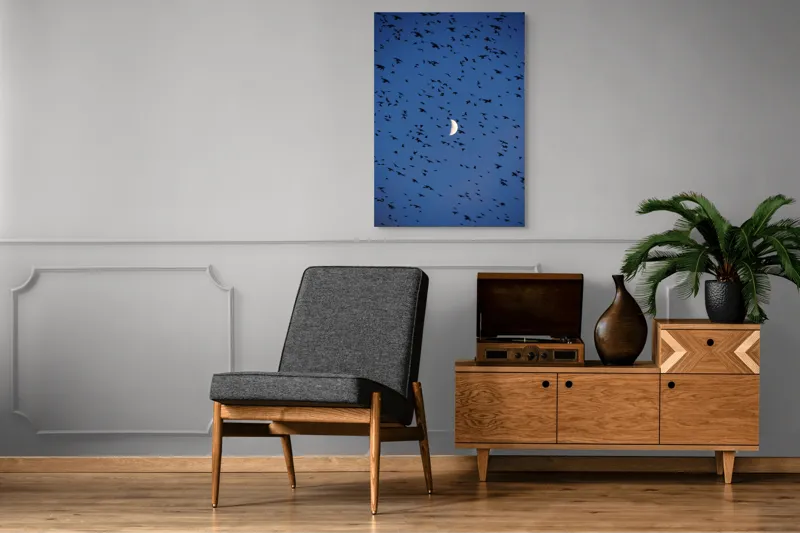 Tablou Canvas, "Dansul păsărilor sub clar de lună", Lună, Păsări, Cer, Zbor, Noapte, 70 x 100 cm – poza 6