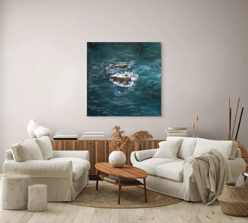 Tablou Canvas, "Pietre înspumate în largul mării", Albastru, Valuri, Rocă, Spumă, Ocean, Reverb, Apă, Textură, 100 x 100 cm – poza 3