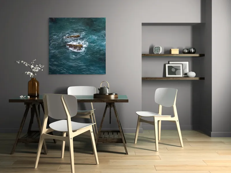 Tablou Canvas, "Pietre înspumate în largul mării", Albastru, Valuri, Rocă, Spumă, Ocean, Reverb, Apă, Textură, 100 x 100 cm – poza 6