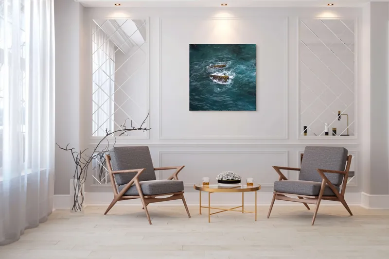 Tablou Canvas, "Pietre înspumate în largul mării", Albastru, Valuri, Rocă, Spumă, Ocean, Reverb, Apă, Textură, 100 x 100 cm – poza 7