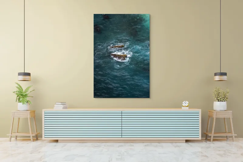 Tablou Canvas, "Pietre înspumate în largul mării", Albastru, Valuri, Rocă, Spumă, Ocean, Reverb, Apă, Textură, 100 x 150 cm – poza 4