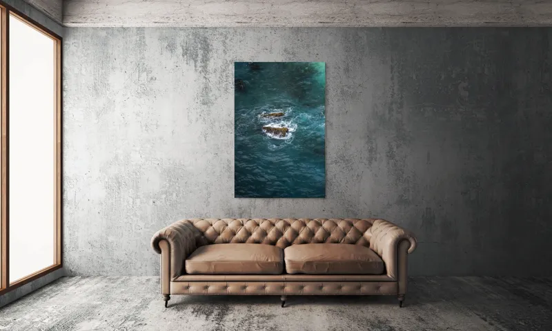 Tablou Canvas, "Pietre înspumate în largul mării", Albastru, Valuri, Rocă, Spumă, Ocean, Reverb, Apă, Textură, 100 x 150 cm – poza 6