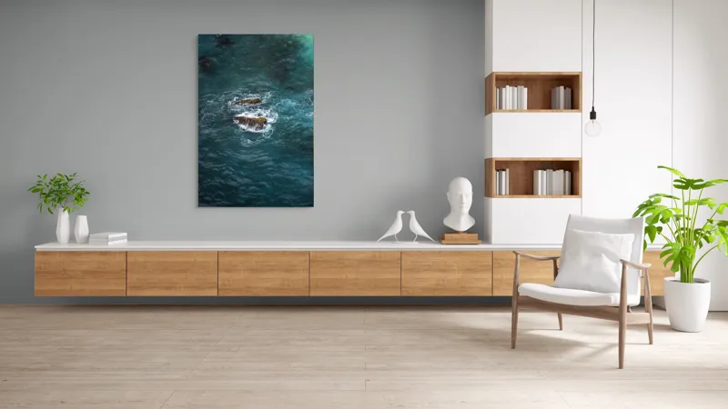Tablou Canvas, "Pietre înspumate în largul mării", Albastru, Valuri, Rocă, Spumă, Ocean, Reverb, Apă, Textură, 100 x 150 cm – poza 8