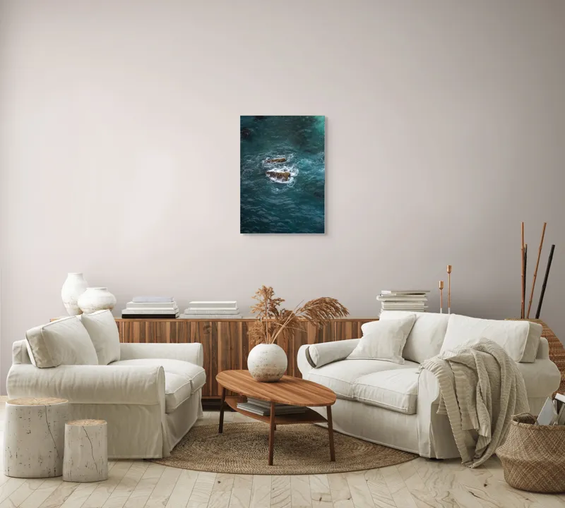 Tablou Canvas, "Pietre înspumate în largul mării", Albastru, Valuri, Rocă, Spumă, Ocean, Reverb, Apă, Textură, 50 x 70 cm – poza 4