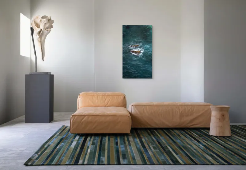 Tablou Canvas, "Pietre înspumate în largul mării", Albastru, Valuri, Rocă, Spumă, Ocean, Reverb, Apă, Textură, 50 x 90 cm – poza 5