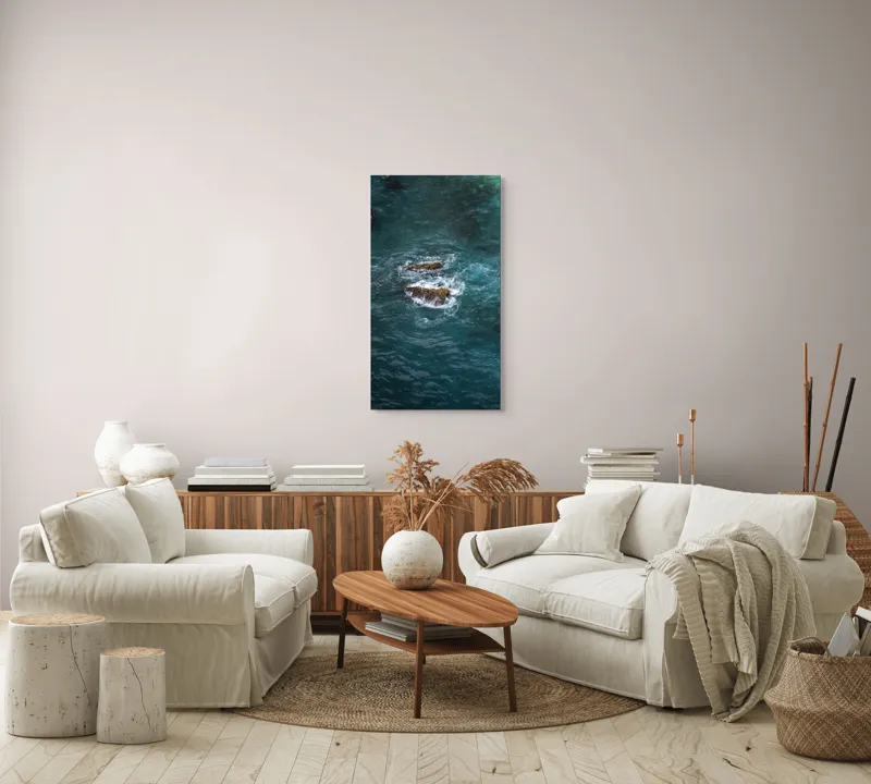 Tablou Canvas, "Pietre înspumate în largul mării", Albastru, Valuri, Rocă, Spumă, Ocean, Reverb, Apă, Textură, 50 x 90 cm – poza 7